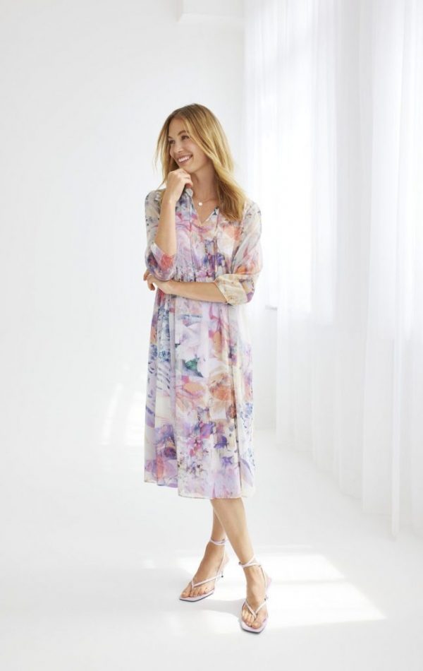 Robe midi fluide col v imprimé floral manche trois-quarts