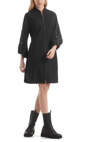 Robe longueur genoux matière technique zippée devant unie manches ballons longues