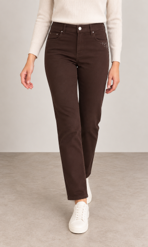 Pantalon long taille moyenne quatres poches uni
