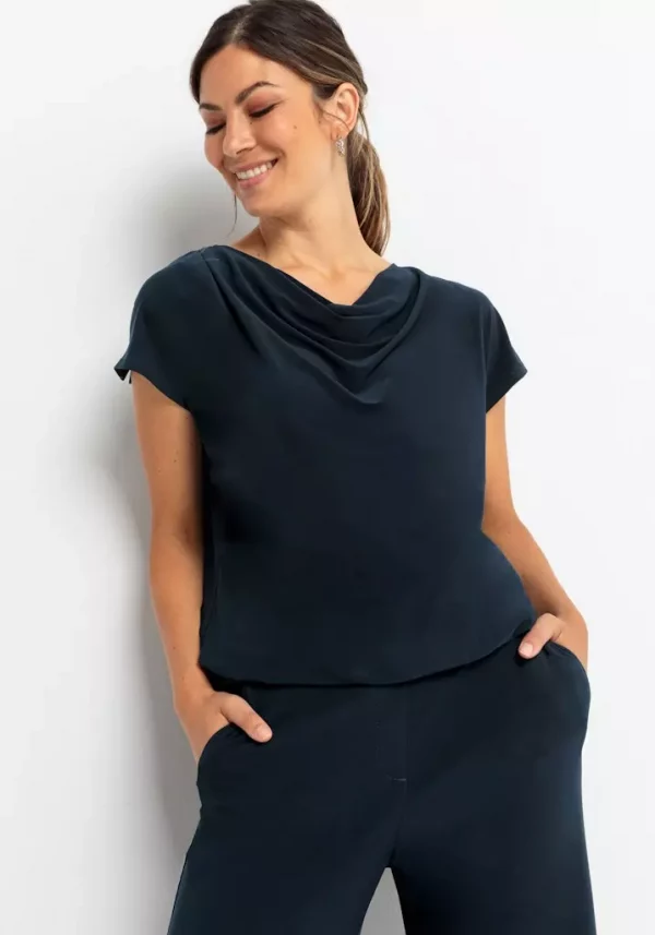 Blouse Col V Manches Courtes élastique Unie – Image 4