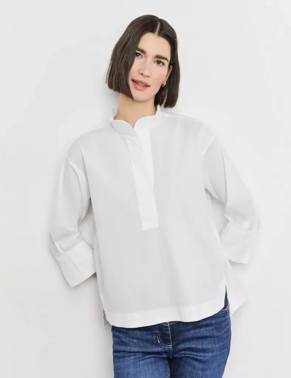 Blouse Col V Manches Trois-quarts Unie Plus Long Dos