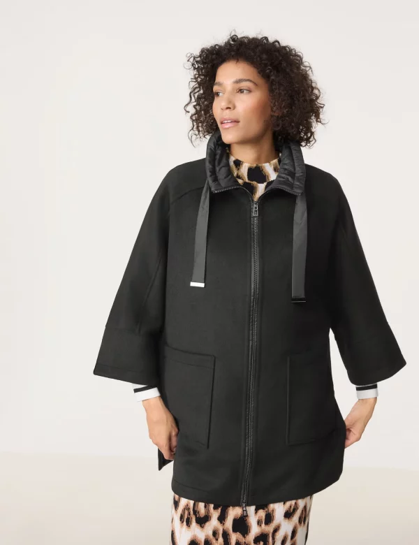 Manteau Mi Long Oversized Col Montant Cordons Manches Longues Deux Poches Zippé Uni