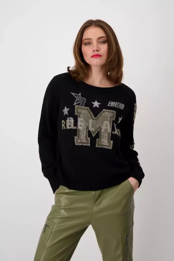 Pull Col Rond Manches Longues Motifs Placés Strass