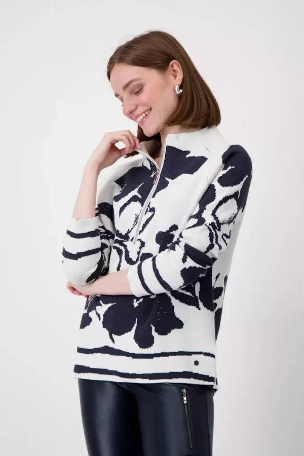 Pull Col Camionneur Zippé Manches Longues Imprimé Floral