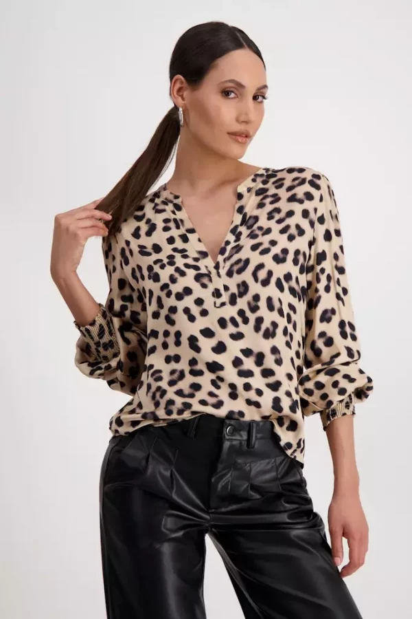 Blouse Col V Manches Longues élastique Imprimée Léopard