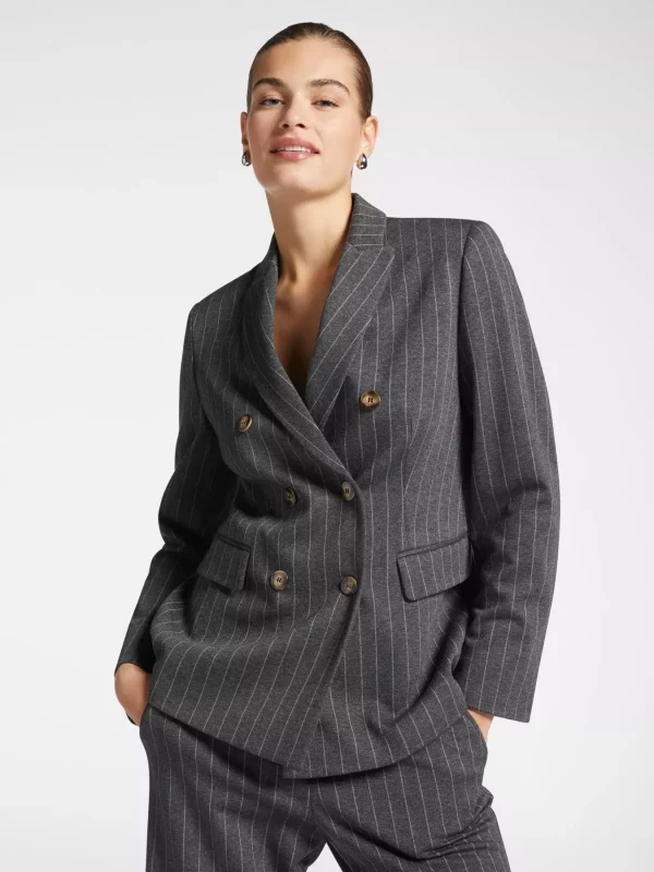 Blazer Long Croisé Manches Longues Boutonné Rayures Deux Poches