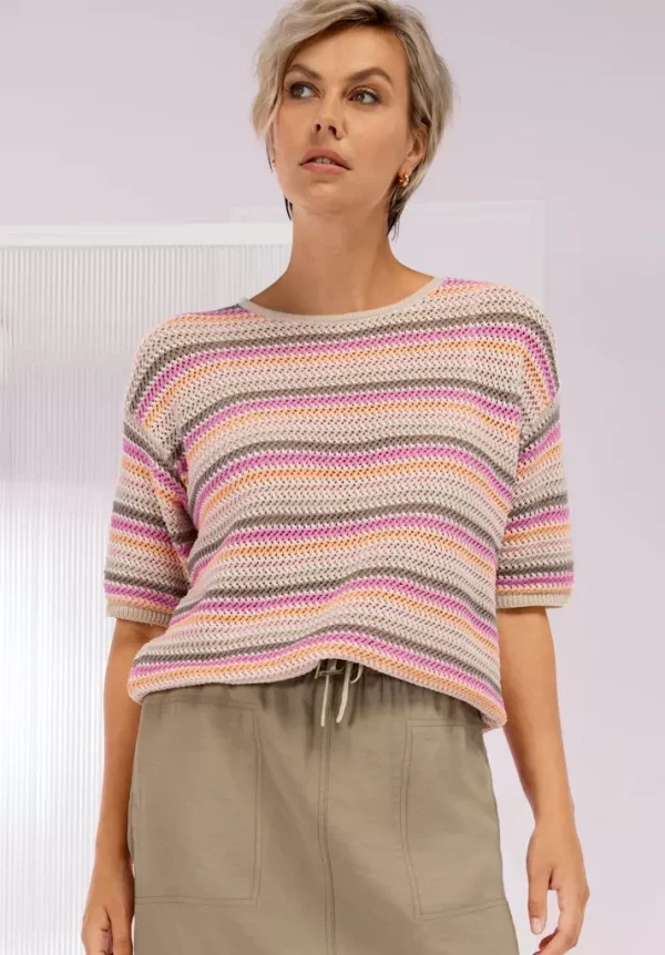 Pull Col Rond Manches Courtes Crochet Cordon Bas Rayé