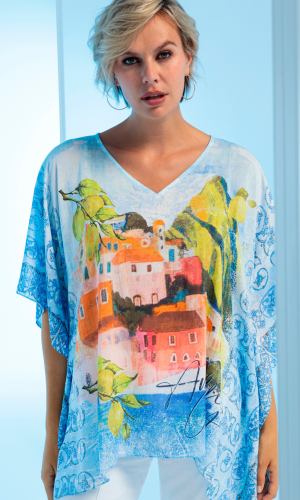 Poncho Col V Manches Courtes Fluide Imprimé