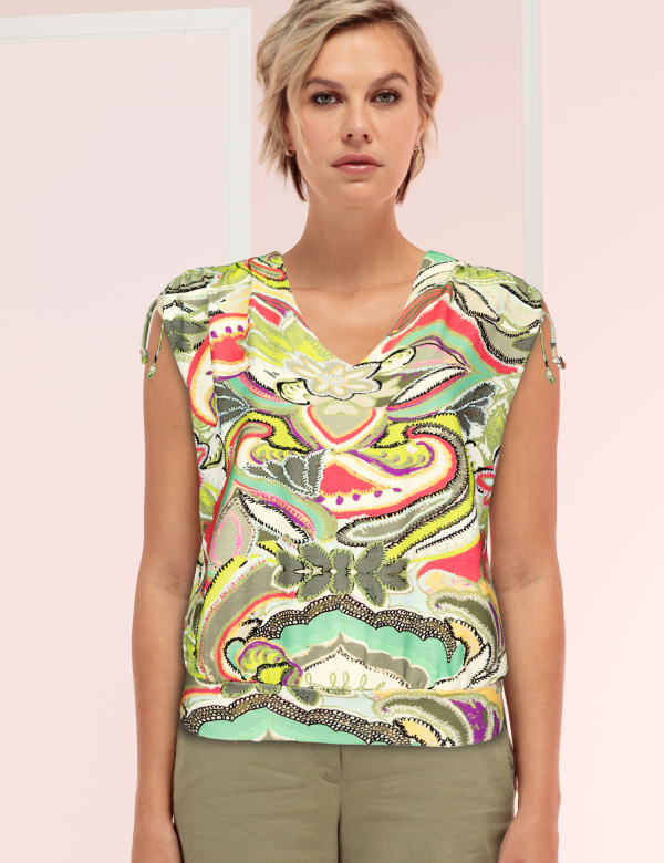 Blouse Col V Manches Courtes Imprimée