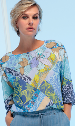 Blouse Col V Manches Trois-quarts élastique Bas Imprimée