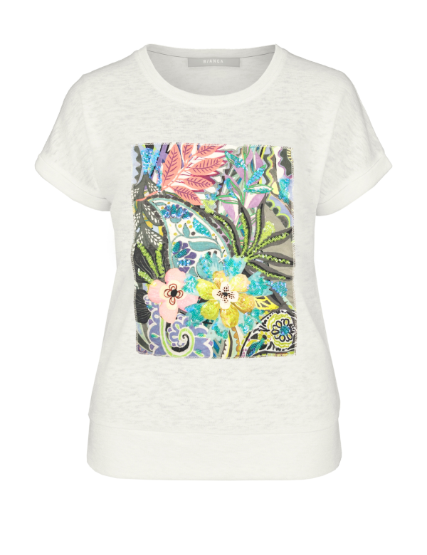 Tee Shirt Col Rond Manches Courtes Motif Placé Bas Bande