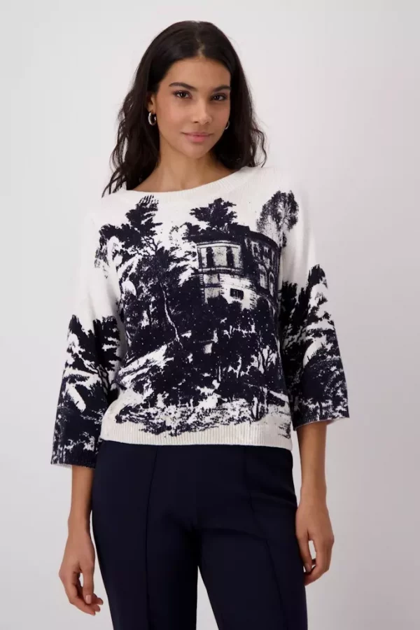 Pull Col Rond Manches Trois-quarts Imprimé