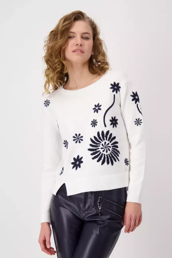 Pull Col Rond Manches Longues Broderie Fleurs