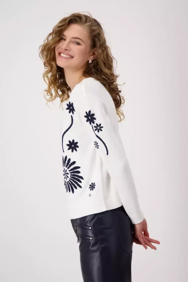 Pull Col Rond Manches Longues Broderie Fleurs – Image 2