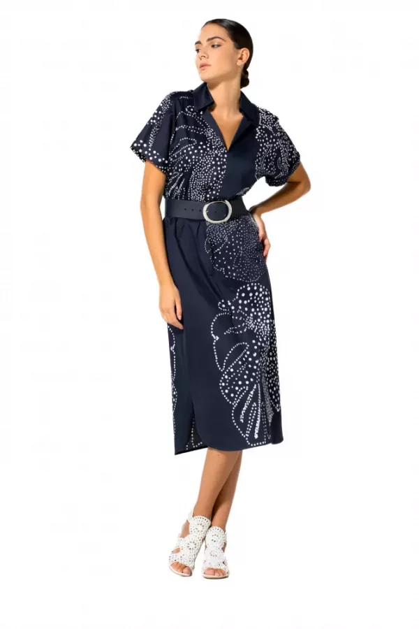 Robe Midi Col Polo Manches Courtes Imprimée Deux Poches Ceinture – Image 2