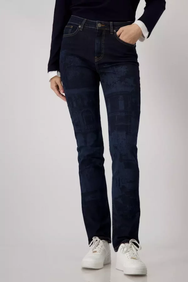 Pantalon Jean  Long Taille Moyenne Cinq Poches Imprimé Droit