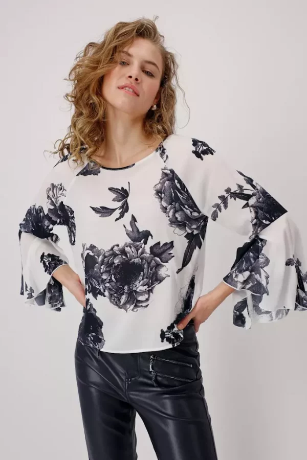 Blouse Col Rond Manches Longues Avec Volants Imprimée