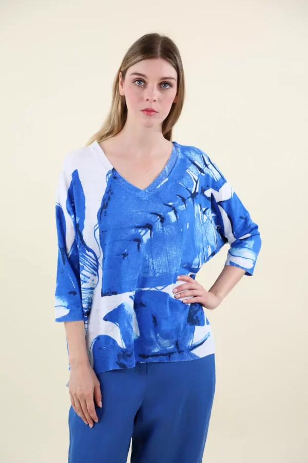 Pull Col V Manches Coudes Imprimé Palmiers Oversized