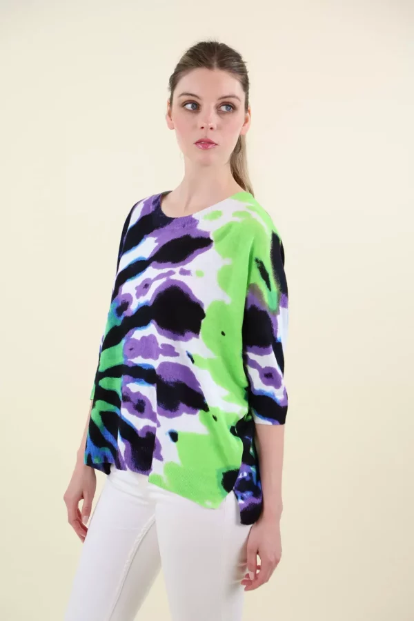 Pull Col Rond Manches Coudes Imprimé Tie And Dye Oversized