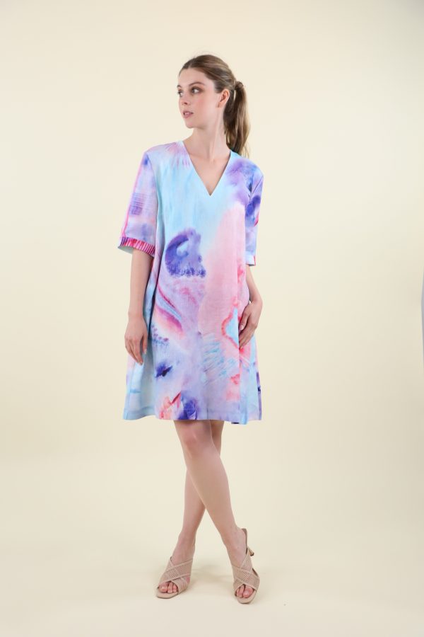 Robe Longueur Genoux Col V Manches Coudes Imprimé Tie And Dye Fluide