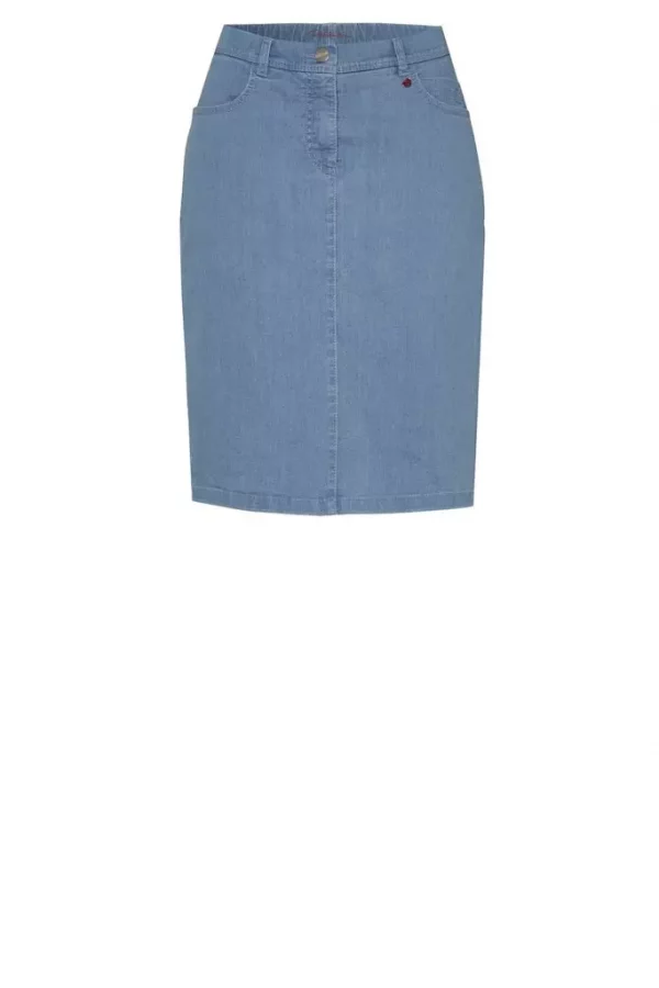 Jupe Longueur Genoux Taille Moyenne élastique Dos Jean Bouton Cinq Poches Unie