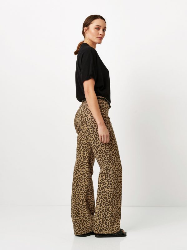 Pantalon Long Taille Moyenne Cinq Poches Imprimé Leopard