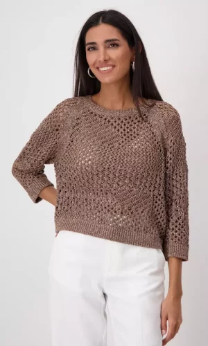 Pull Col Rond Manches Trois-quarts Ajouré Lurex