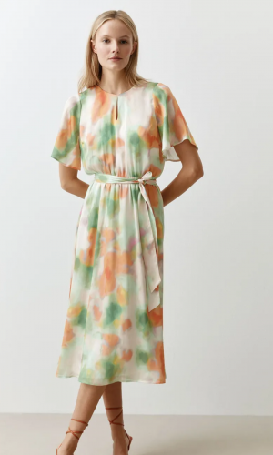 Robe Midi Col Rond Manches Courtes Taille élastique Ceinturée Imprimée Fluide