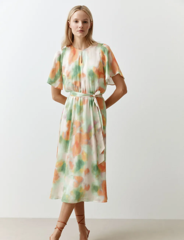 Robe Midi Col Rond Manches Courtes Taille élastique Ceinturée Imprimée Fluide