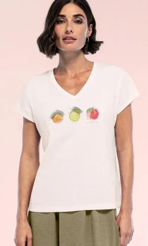 Tee Shirt Col V Manches Courtes Motif Placé
