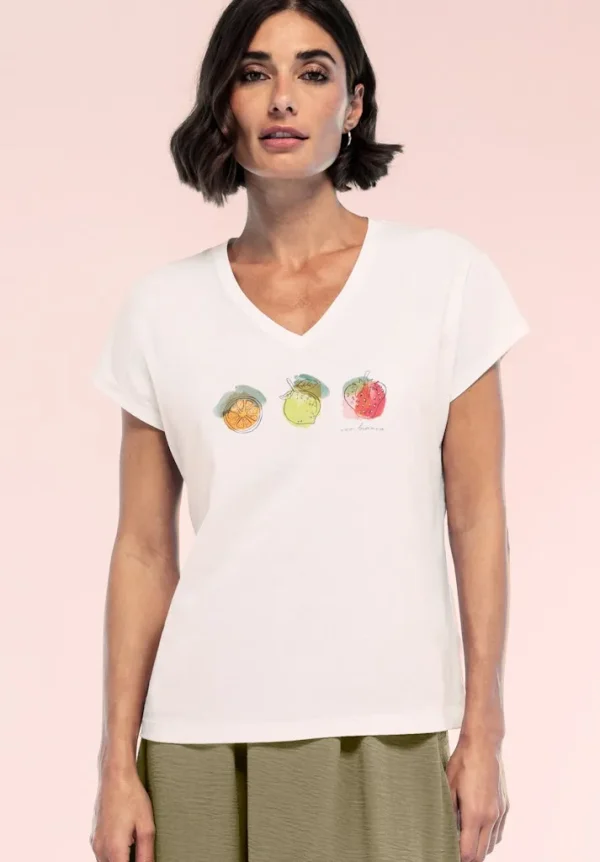 Tee Shirt Col V Manches Courtes Motif Placé