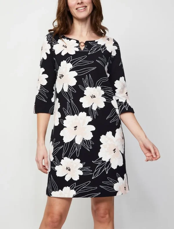 Robe Longueur Genoux Col Rond Manches Trois-Quarts Imprimée