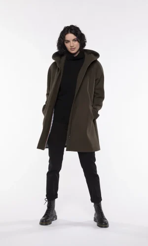 Manteau Mi-long à Capuche Manches Longues Quatre Poches Zippé Pressions Imprimé