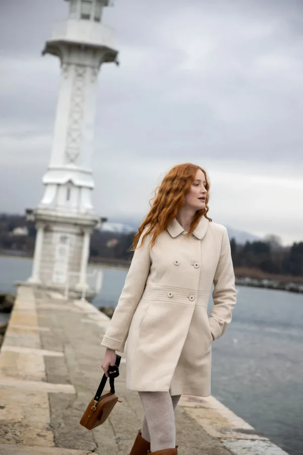 Manteau Mi-long Sans Capuche Manches Longues Deux Poches Boutonnées Cintré Uni
