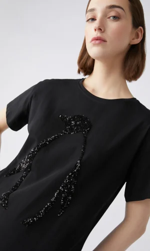 Tee Shirt Col Rond Manches Courtes Motif Placé Sequins