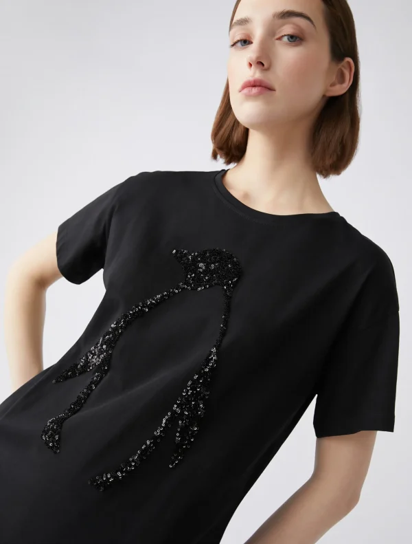 Tee Shirt Col Rond Manches Courtes Motif Placé Sequins