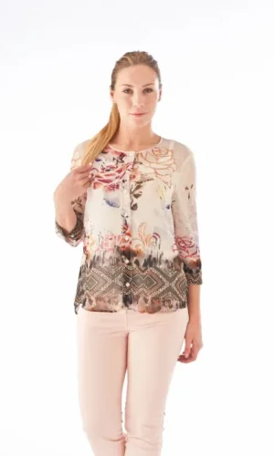 Chemise col rond manches trois-quarts imprimée florale