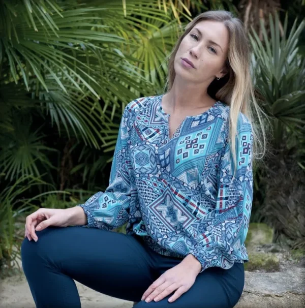 Blouse col v manches longues imprimée