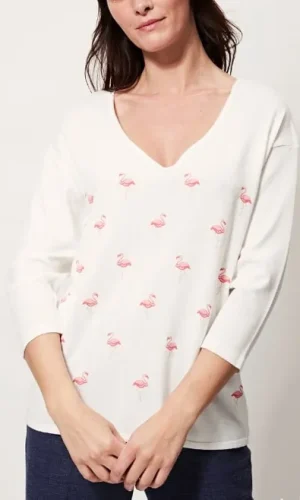 Pull col v manches trois-quarts motifs placés