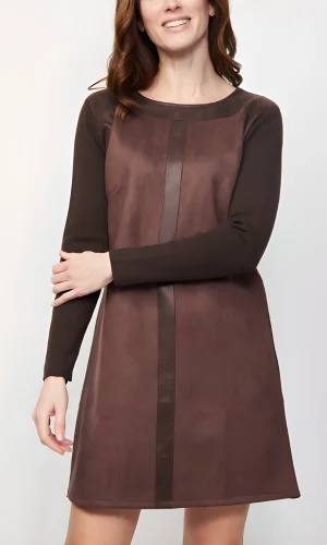 Robe longueur genoux col rond manches longues bimatière