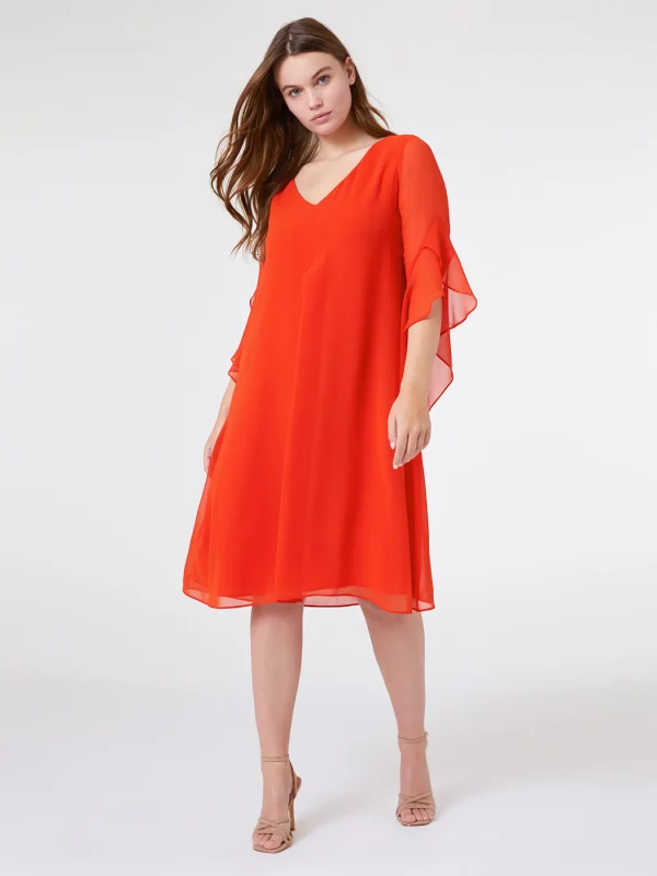 Robe Longueur Genoux Col V Manches Trois-quarts Fluide