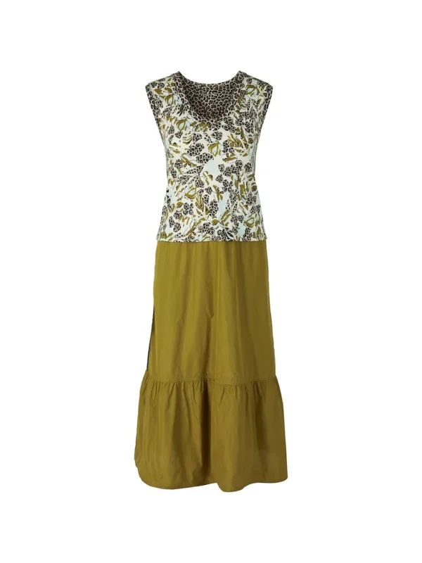 Robe Longue Sans Manches Col Rond Bimatière Imprimée Et Unie