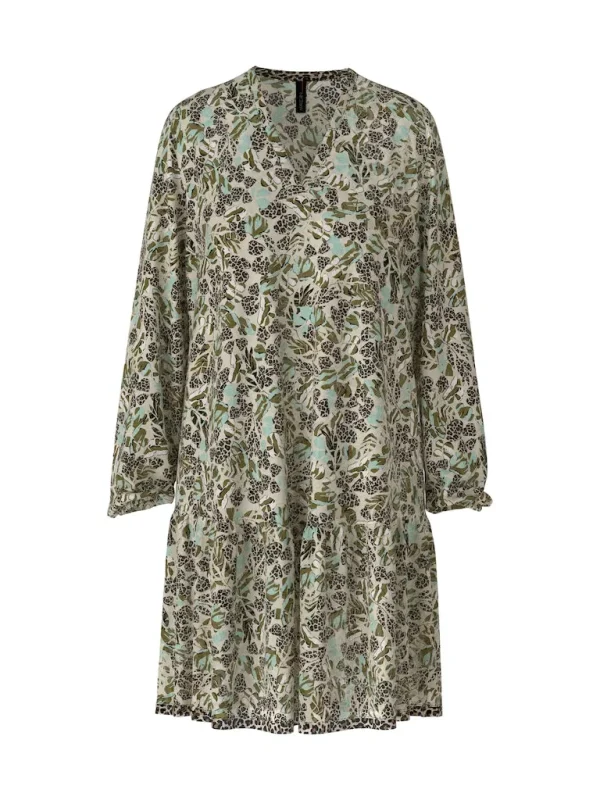Robe Longueur Genoux Col V Manches Longues Fluide Imprimée