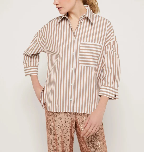 Chemise Manches Trois-quarts Oversized Rayée Popeline