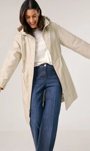 Parka Mi Longue Manches Longues à Capuche Amovible Pressions Zippée Deux Poches Cordon Ceinture Irisée