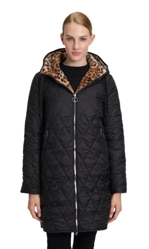 Parka Mi-longue Manches Longues Zippée Réversible Deux Poches  Imprimé Léopard Et Unie à Capuche