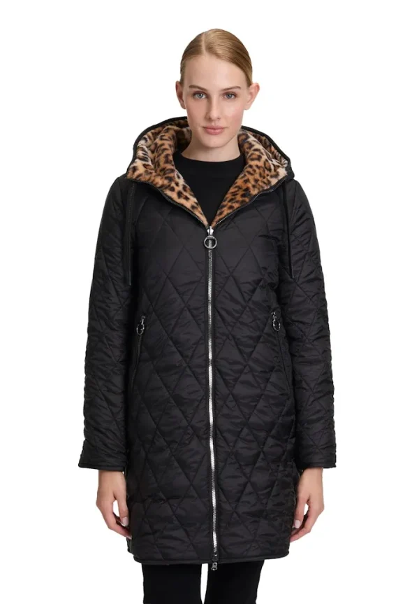 Parka Mi-longue Manches Longues Zippée Réversible Deux Poches  Imprimé Léopard Et Unie à Capuche