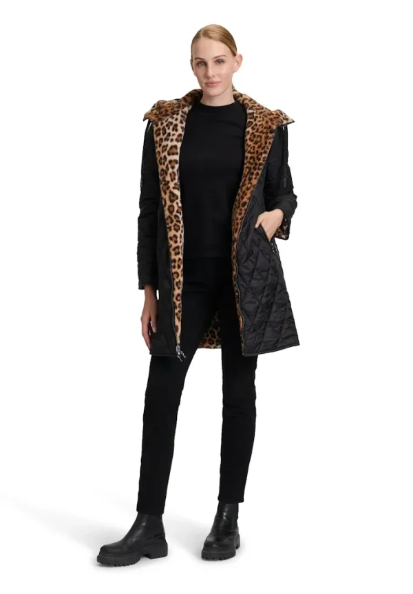 Parka Mi-longue Manches Longues Zippée Réversible Deux Poches  Imprimé Léopard Et Unie à Capuche – Image 3