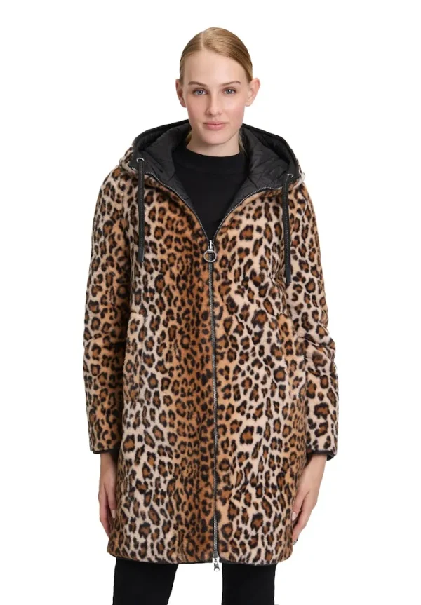 Parka Mi-longue Manches Longues Zippée Réversible Deux Poches  Imprimé Léopard Et Unie à Capuche – Image 6