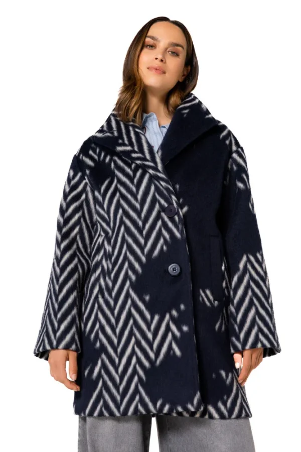 Manteau Mi-long Col Montant Manches Longues Boutonné Oversized Imprimé Chevrons